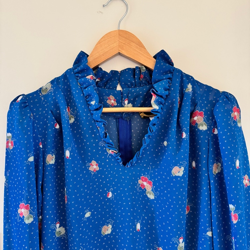 Vintage Tall Girl Prairie Midi Dress Blue Floral Ruffle Collar Size 12 Tall - Picture 6 of 16